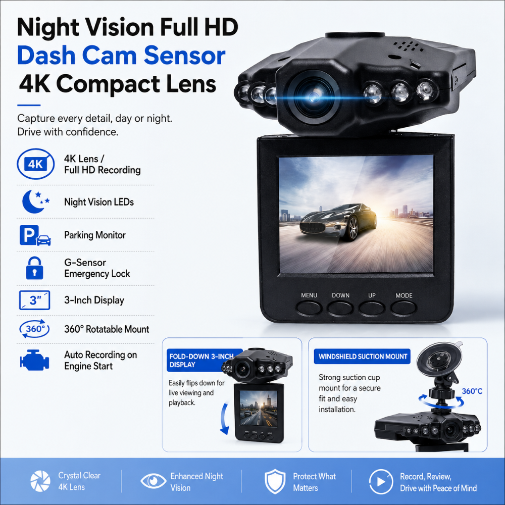 Compact Full HD 4K Dash Camera with Night Vision and 3 Inch Display