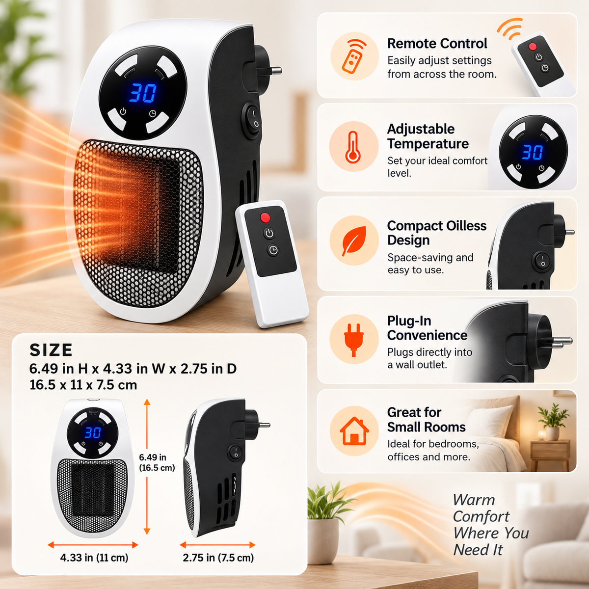 Compacte elektrische olievrije ruimteverwarmer met afstandsbediening en instelbare temperatuur