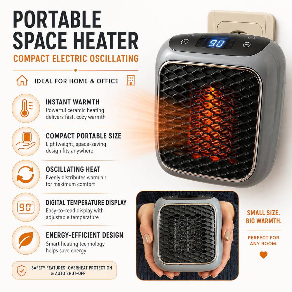 Compact Oscillating Electric Space Heater for Indoor Use