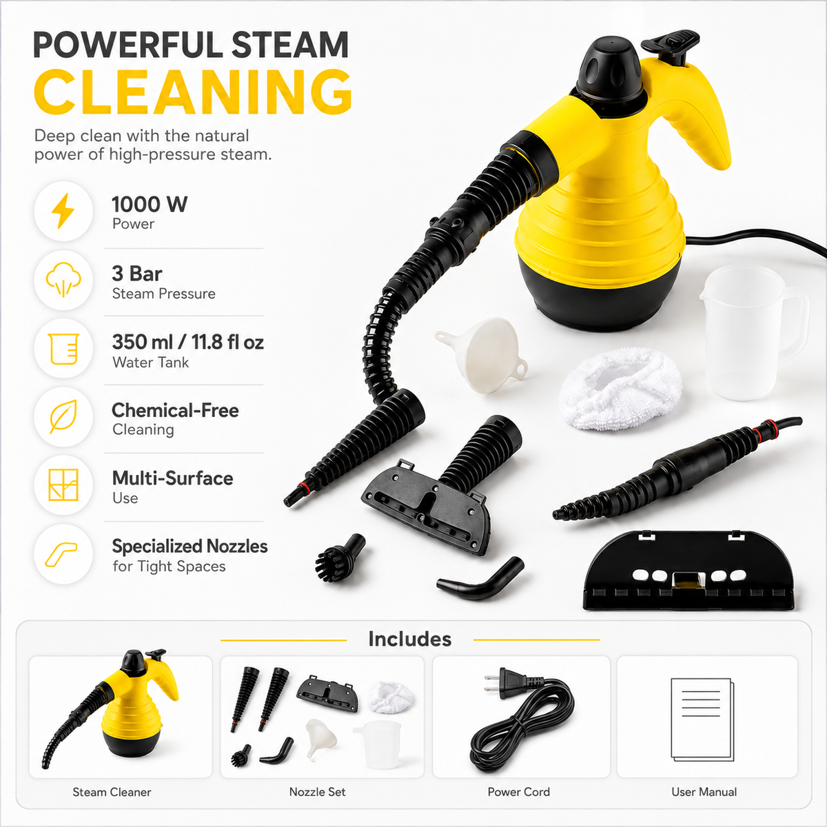 Compact Steam Cleaner for Upholstery, Floors and Kitchen Surfaces