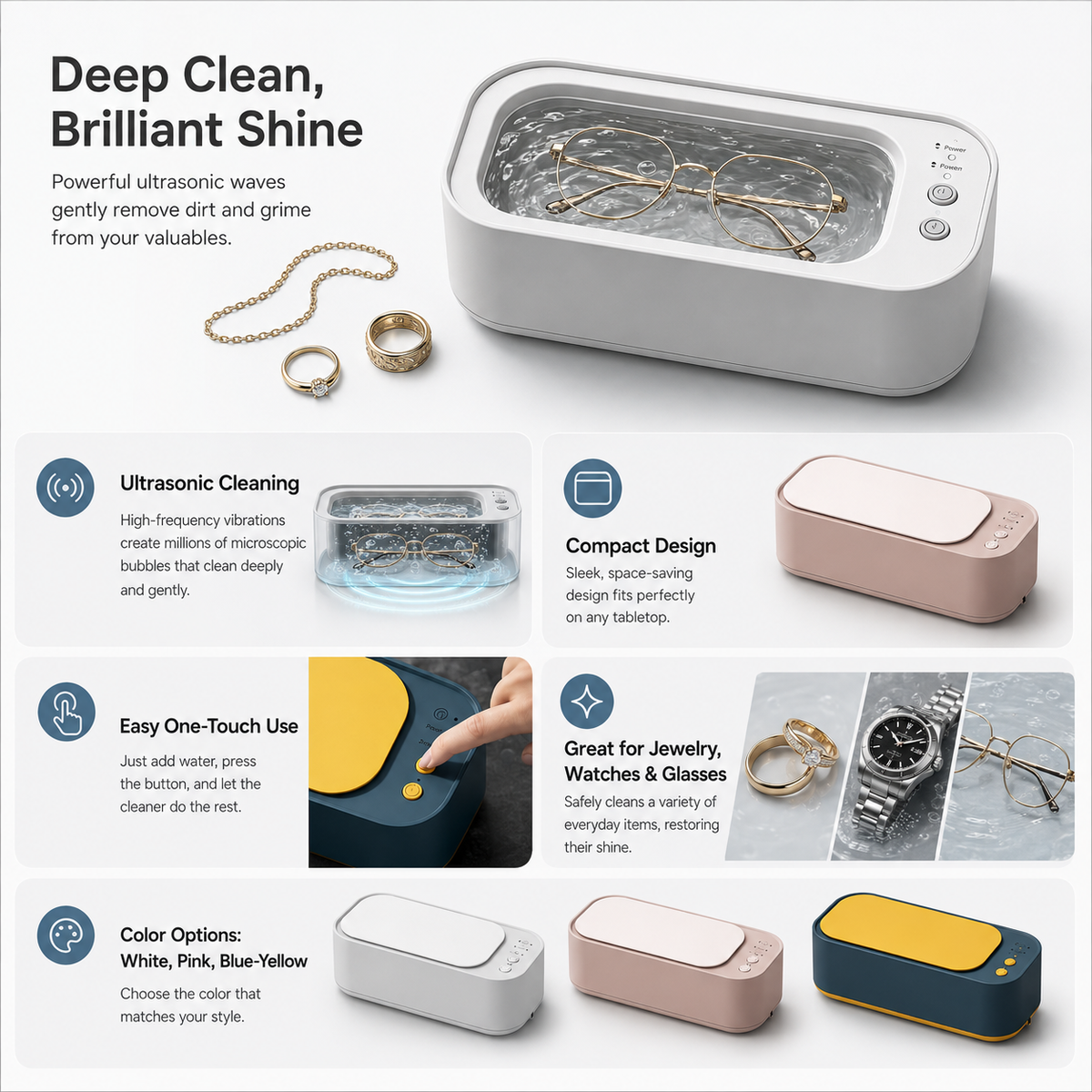 Compact Ultrasonic Cleaner for Jewellery, Watches and Eyeglasses