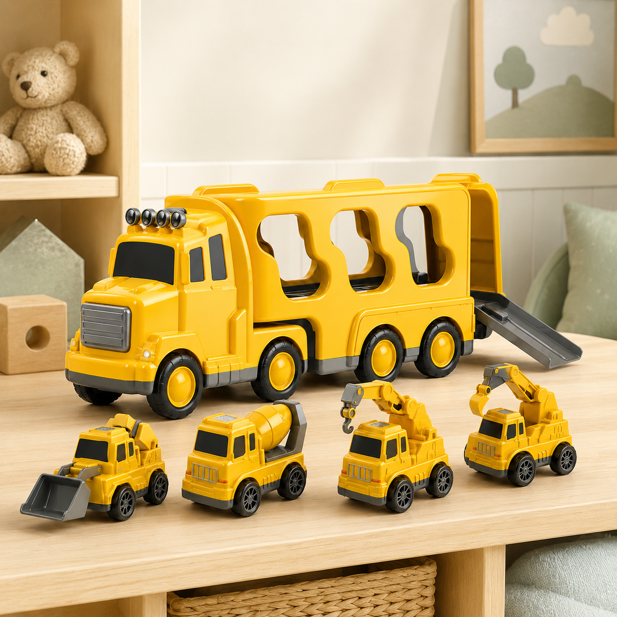 Construction Truck Toy Set with Carrier, Ramp and Four Friction-Powered Vehicles for Pretend Play