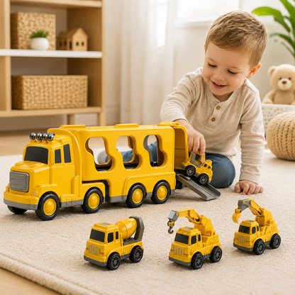 Construction Truck Toy Set with Carrier, Ramp and Four Friction-Powered Vehicles for Pretend Play