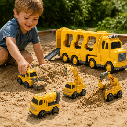 Construction Truck Toy Set with Carrier, Ramp and Four Friction-Powered Vehicles for Pretend Play