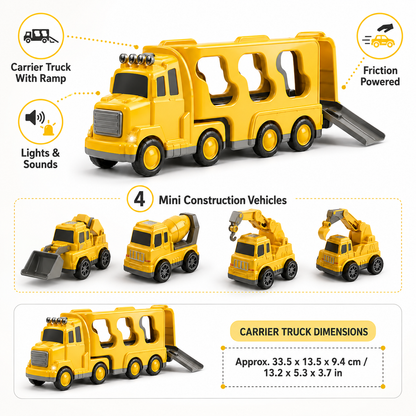 Construction Truck Toy Set with Carrier, Ramp and Four Friction-Powered Vehicles for Pretend Play