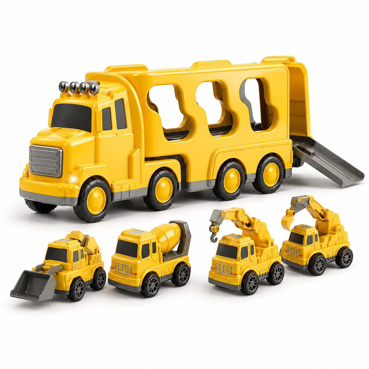 Construction Truck Toy Set with Carrier, Ramp and Four Friction-Powered Vehicles for Pretend Play