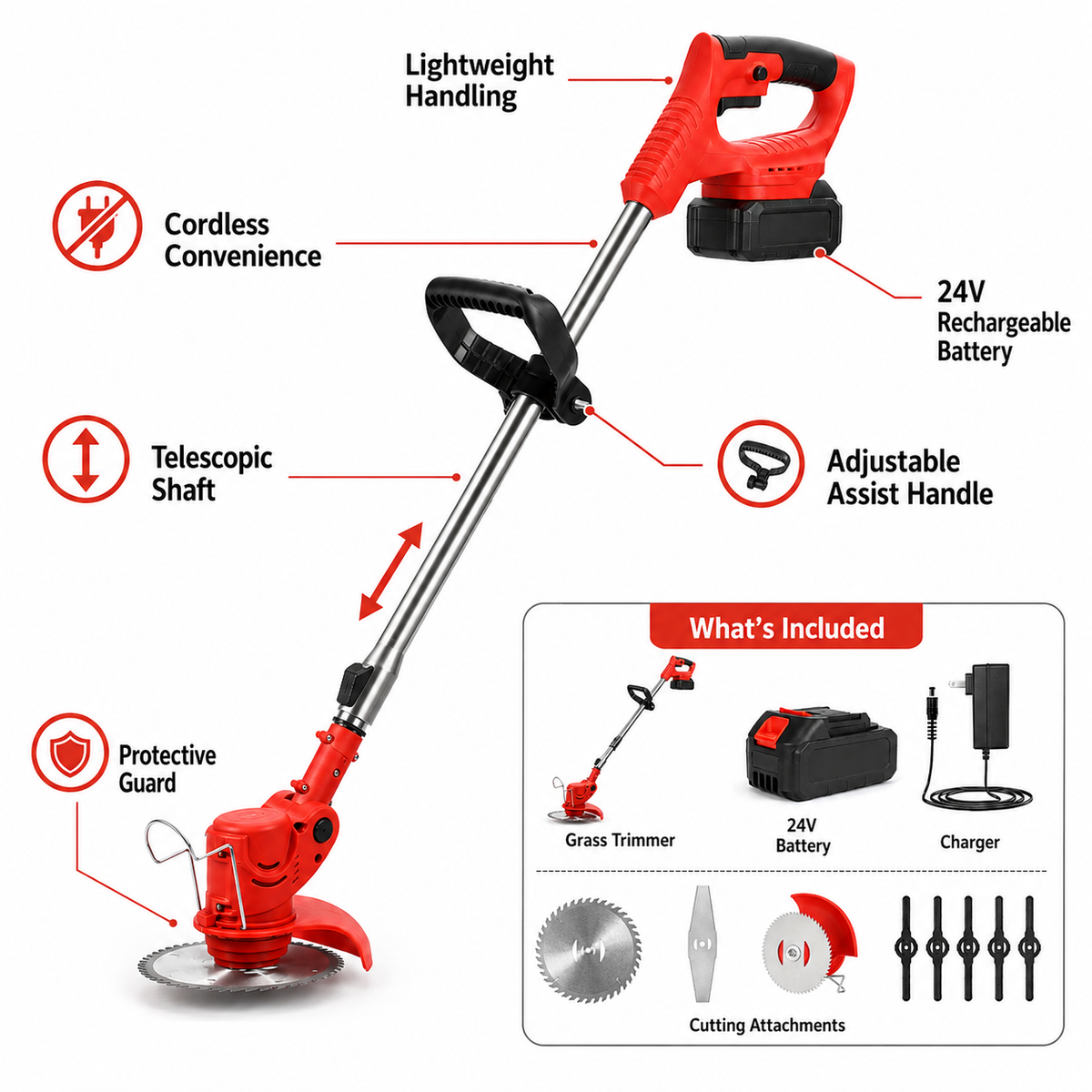 Cordless 24V Grass Trimmer with Rechargeable Battery