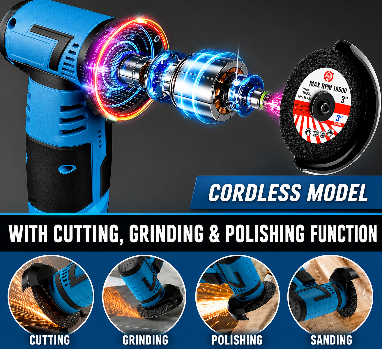Cordless Angle Grinder Power Tool 19500RPM Portable Cutting Polishing Grinding Machine