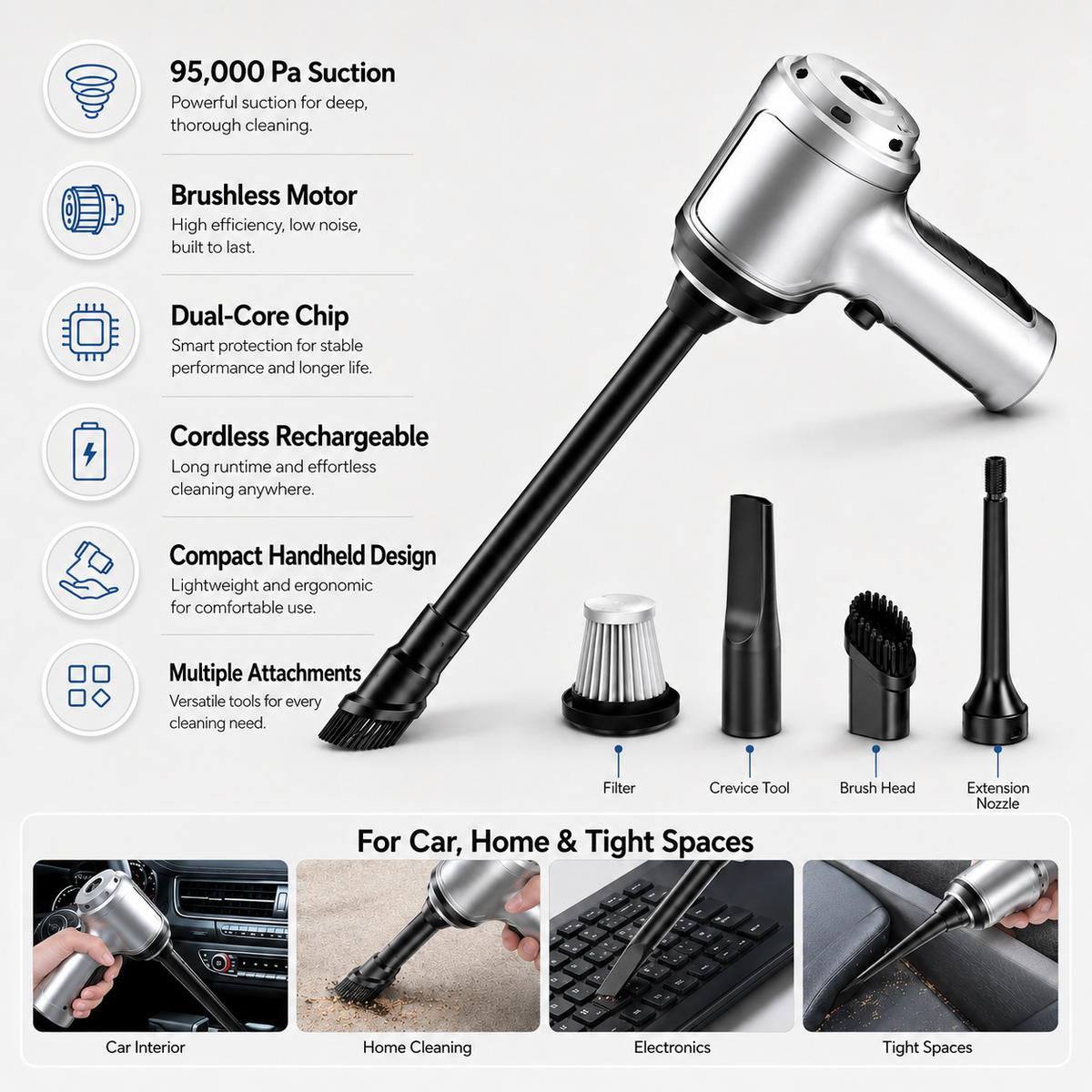 Cordless Car Vacuum with 95,000 Pa Suction, Brushless Motor and Compact Handheld Design
