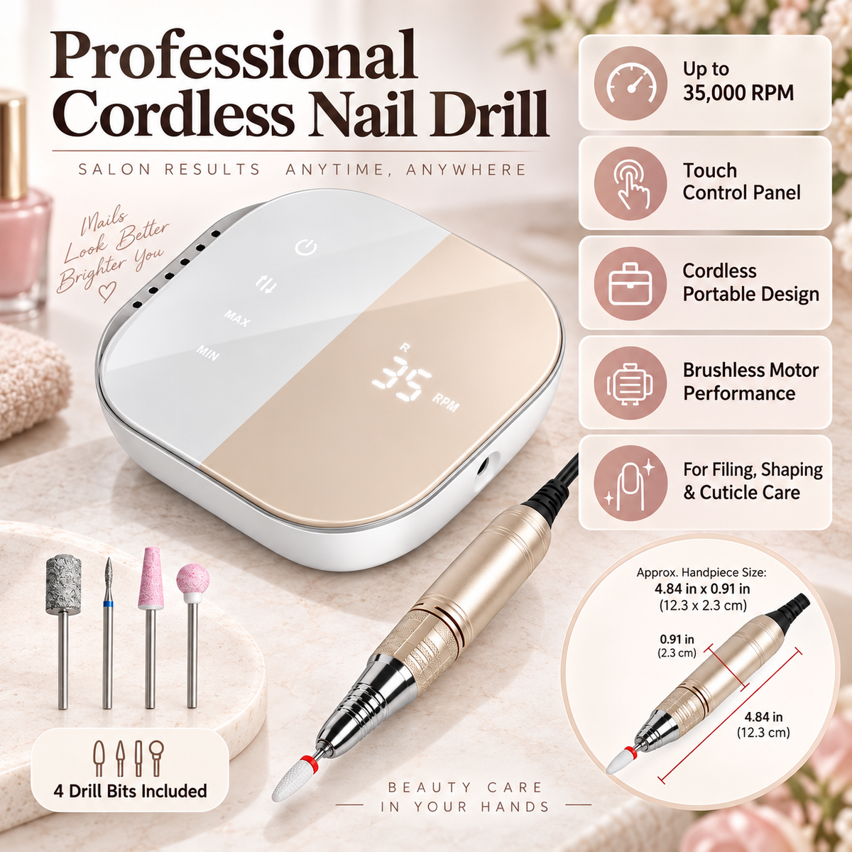 Cordless Electric Nail File with Brushless Motor and 4 Drill Bits