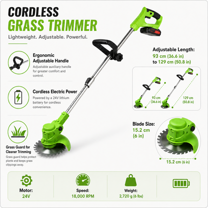Cordless Grass Trimmer with 24V Motor, Adjustable Ergonomic Handle and 6-Inch Blade