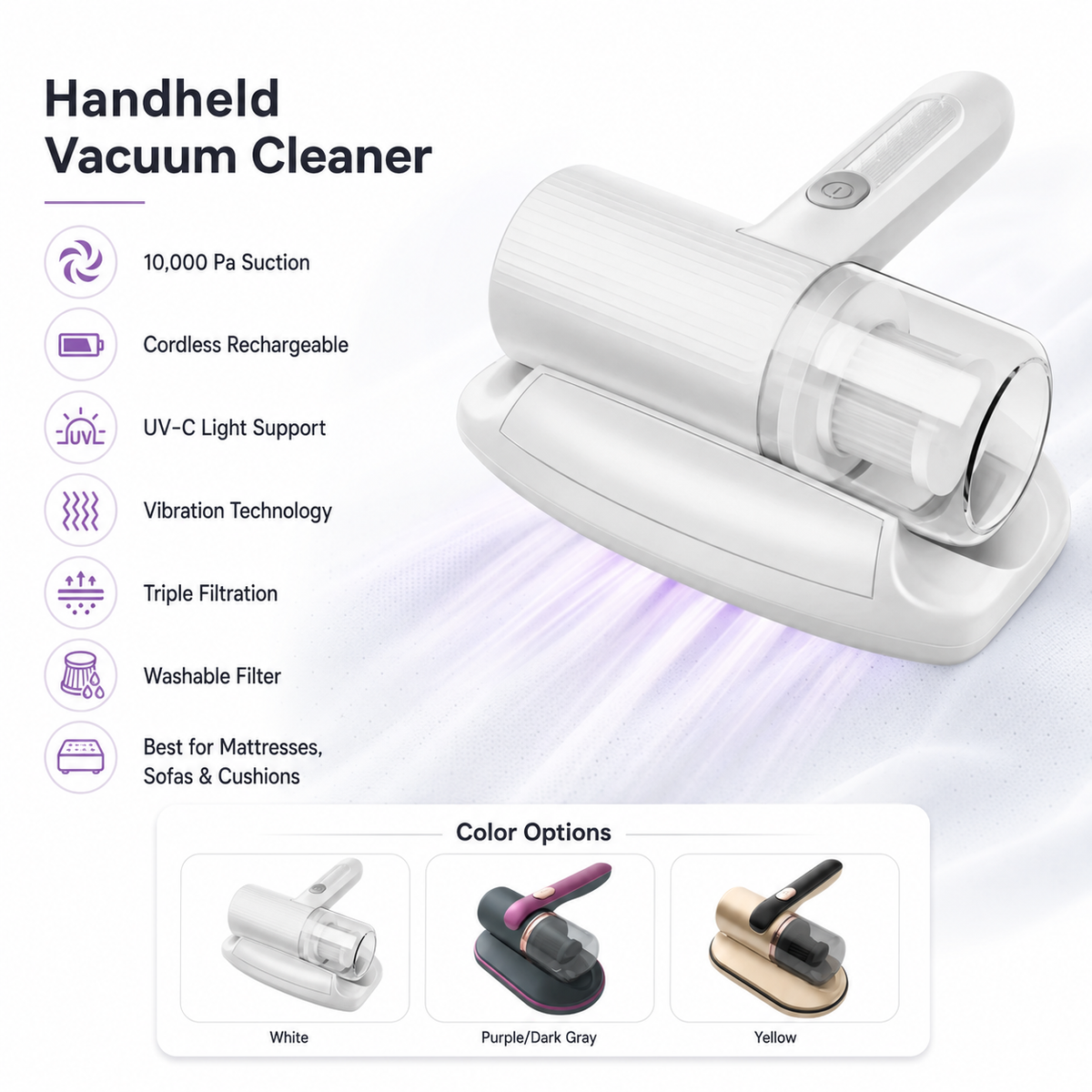 Cordless Handheld Vacuum Cleaner with 10,000 Pa Suction, UV-C Light and Triple Filtration