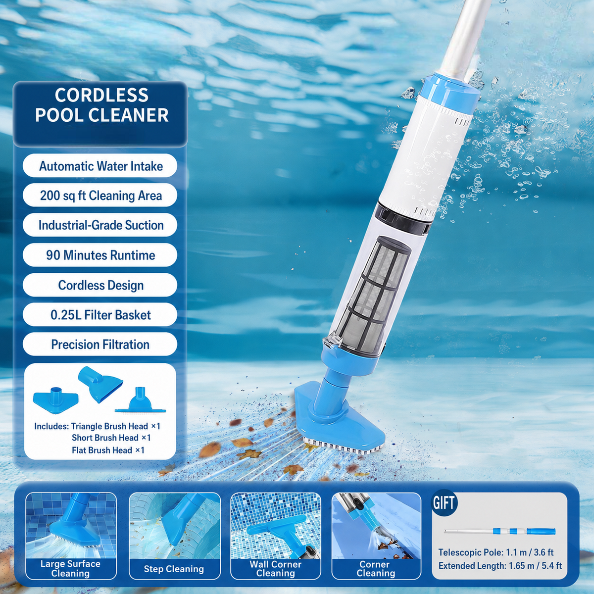 Cordless Pool Vacuum Cleaner Rechargeable Handheld Spa and Pool Cleaning