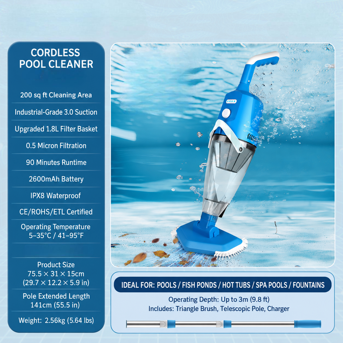 Cordless Pool Vacuum Cleaner Rechargeable Handheld Spa and Pool Cleaning