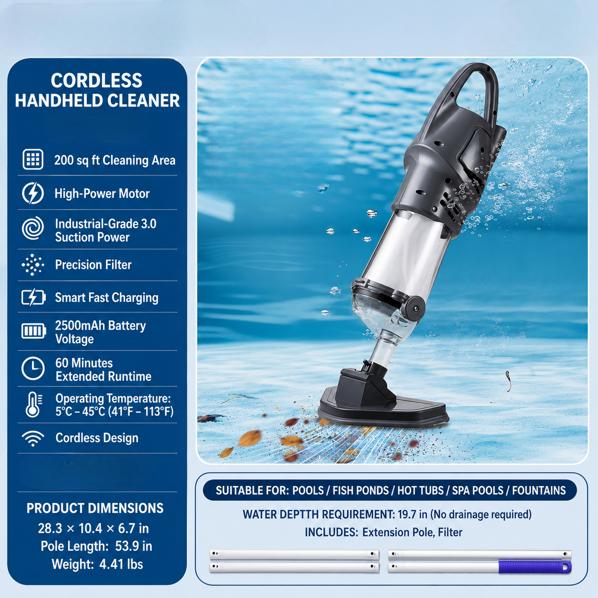 Cordless Pool Vacuum Cleaner Rechargeable Handheld Spa and Pool Cleaning
