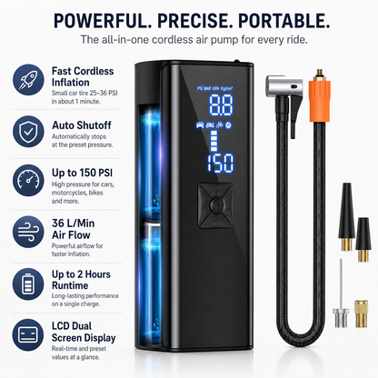 Cordless Portable Air Pump with Auto Shutoff and LCD Display