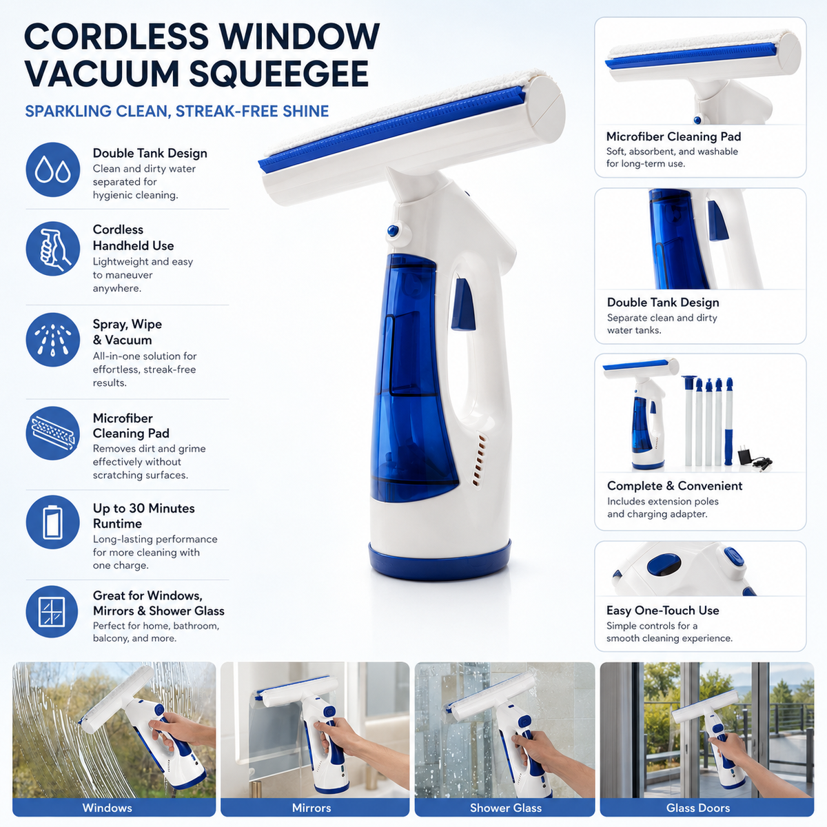 Cordless Window Vacuum with Double Tank and Microfibre Squeegee