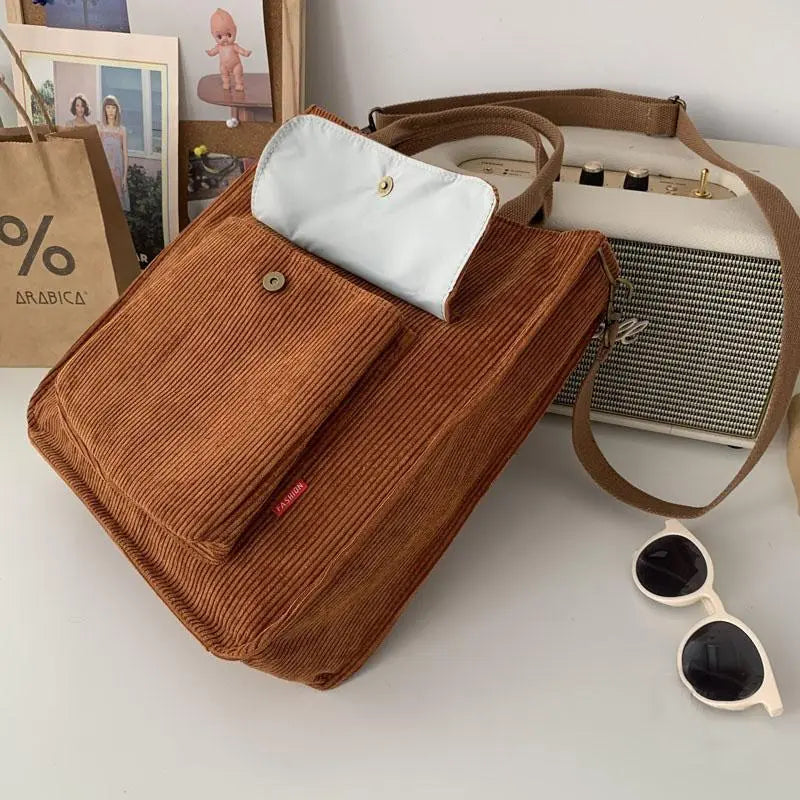 Corduroy Shoulder Bag Adjustable Strap Everyday Tote Bag
