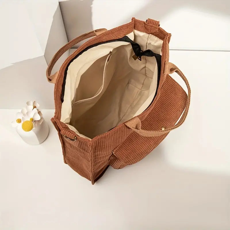 Corduroy Shoulder Bag Adjustable Strap Everyday Tote Bag
