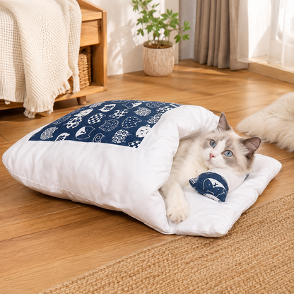 Cozy Cave Cat Bed with Soft Sleeping Bag and Support Pillow