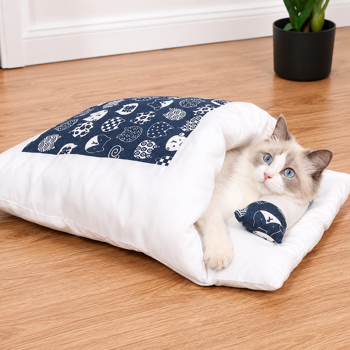 Cozy Cave Cat Bed with Soft Sleeping Bag and Support Pillow