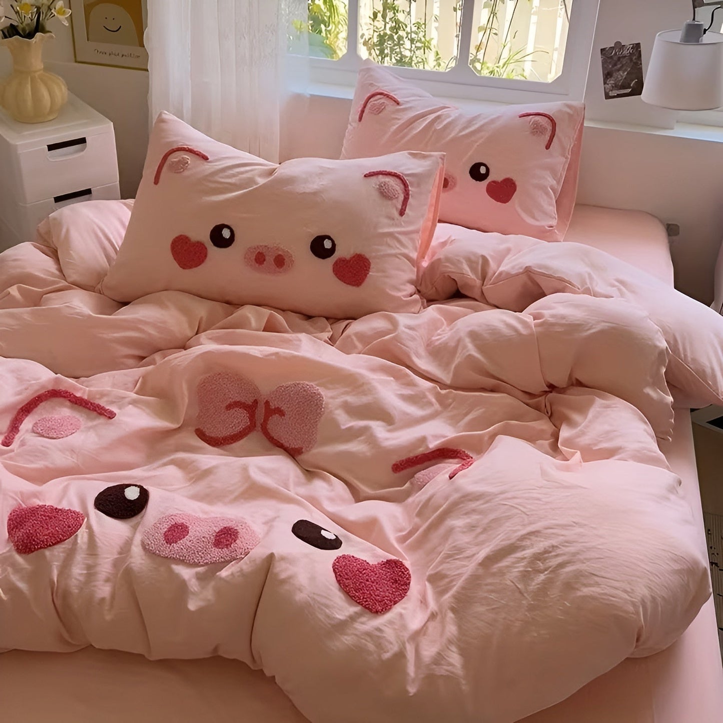 Cute Pig Bedding Set Soft Cartoon Quilt Cover Kids Bedroom Decor