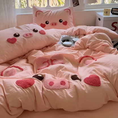 Cute Pig Bedding Set Soft Cartoon Quilt Cover Kids Bedroom Decor