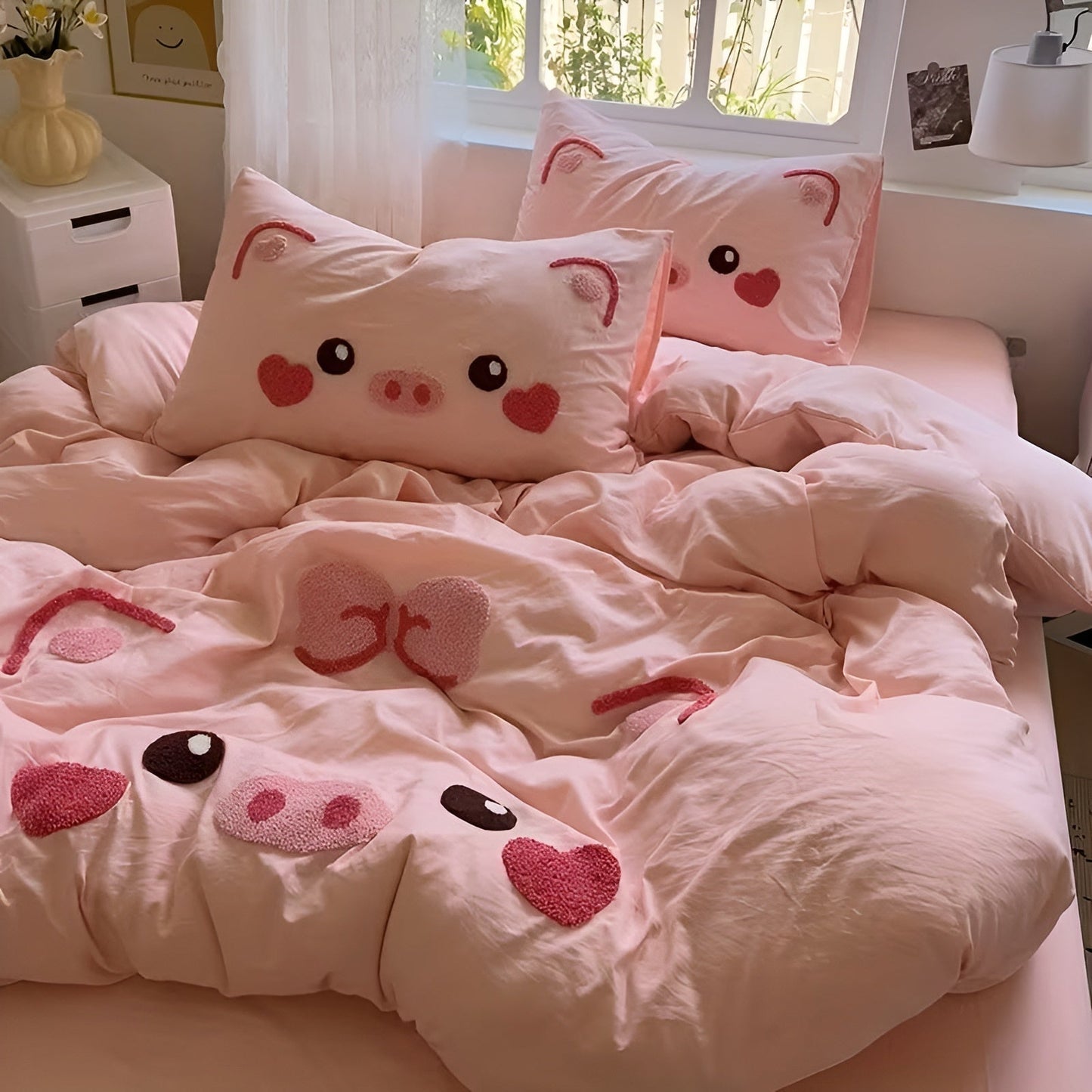 Cute Pig Bedding Set Soft Cartoon Quilt Cover Kids Bedroom Decor