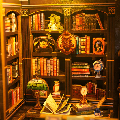 DIY Miniature Bookstore Kit Owl Theme Wooden Puzzle Lighted Display