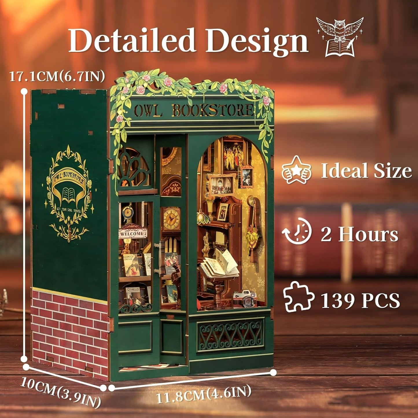 DIY Miniature Bookstore Kit Owl Theme Wooden Puzzle Lighted Display