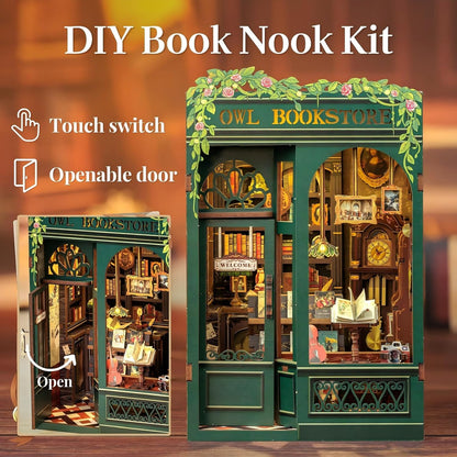 DIY Miniature Bookstore Kit Owl Theme Wooden Puzzle Lighted Display