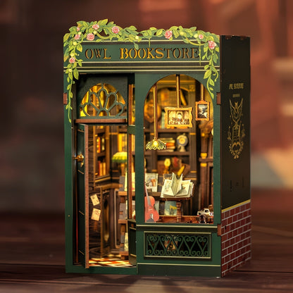 DIY Miniature Bookstore Kit Owl Theme Wooden Puzzle Lighted Display