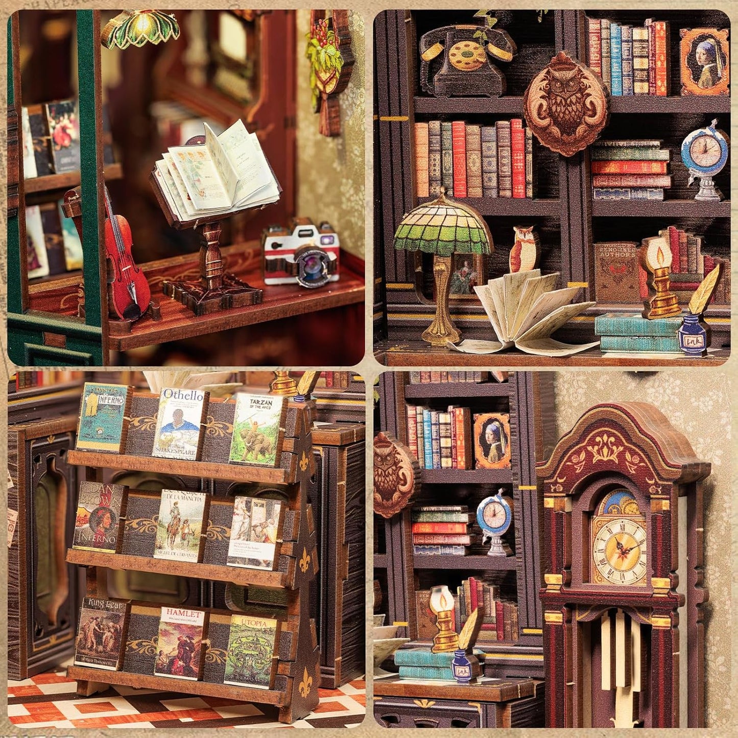 DIY Miniature Bookstore Kit Owl Theme Wooden Puzzle Lighted Display