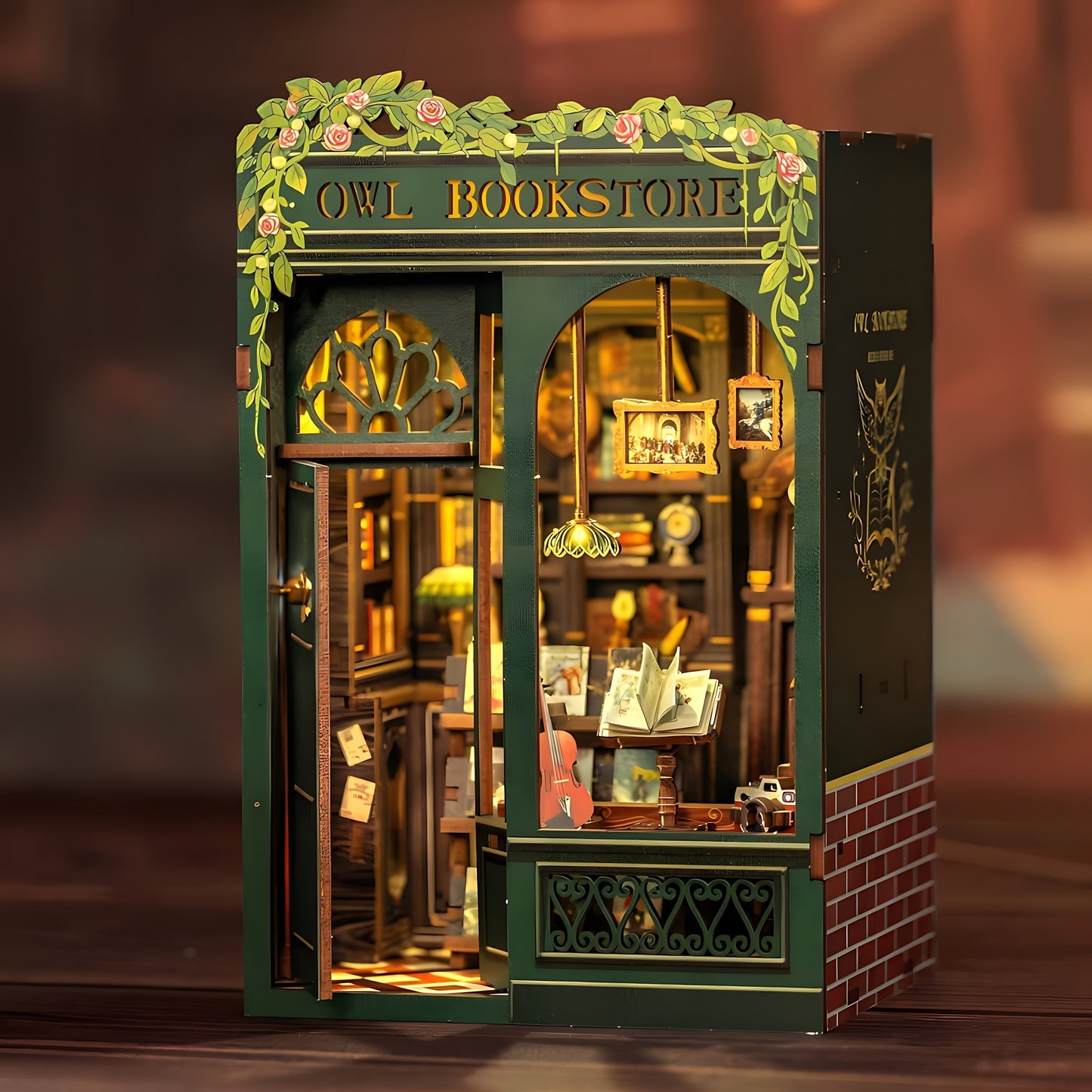 DIY Miniature Bookstore Kit Owl Theme Wooden Puzzle Lighted Display
