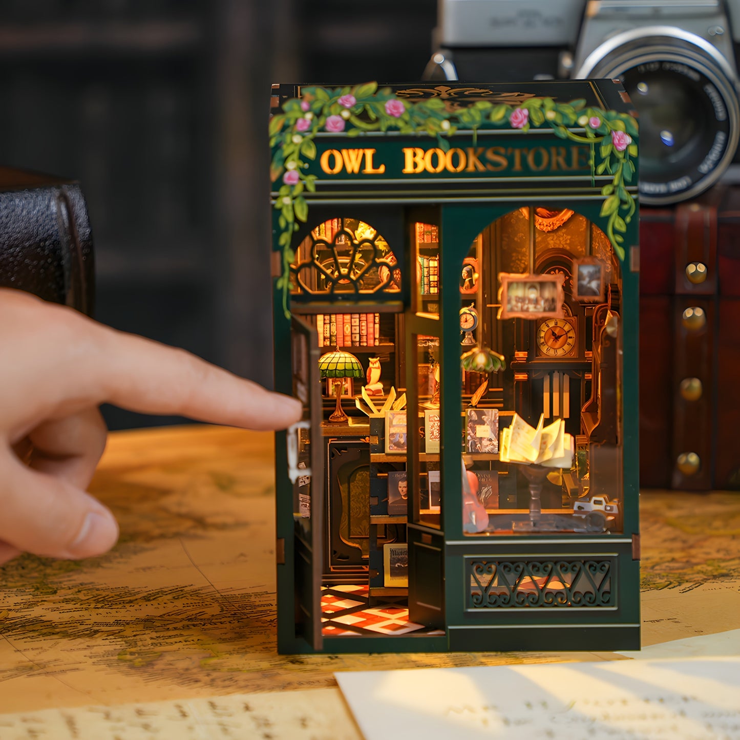 DIY Miniature Bookstore Kit Owl Theme Wooden Puzzle Lighted Display