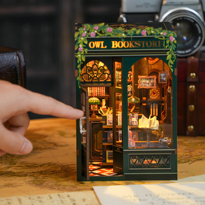 DIY Miniature Bookstore Kit Owl Theme Wooden Puzzle Lighted Display