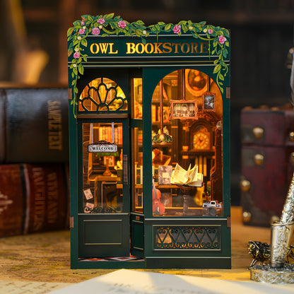 DIY Miniature Bookstore Kit Owl Theme Wooden Puzzle Lighted Display