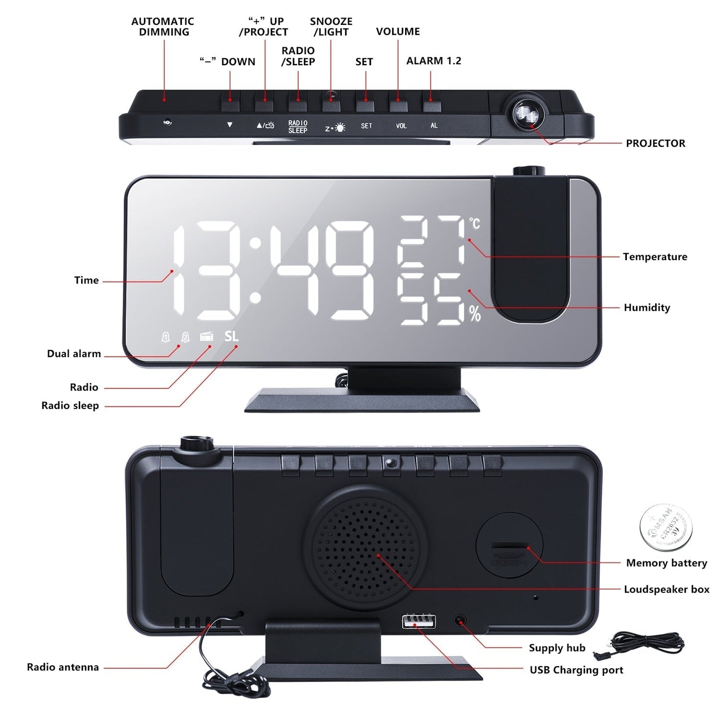Digital Alarm Clock with LED Display Ceiling Time Projector FM Radio USB Charging Station