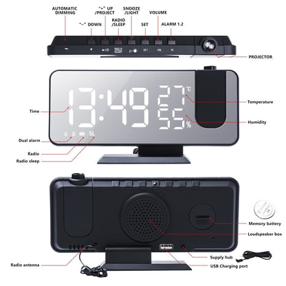Digital Alarm Clock with LED Display Ceiling Time Projector FM Radio USB Charging Station