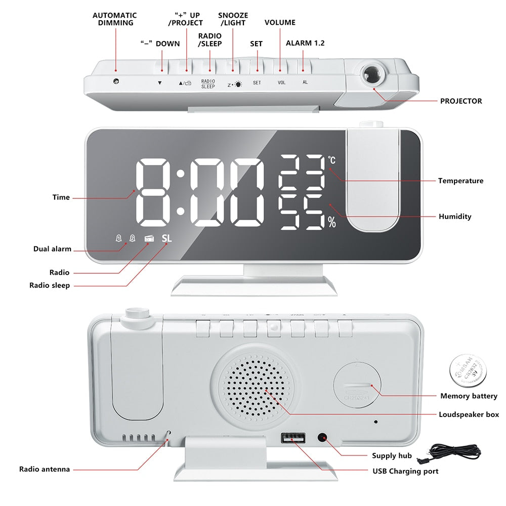 Digital Alarm Clock with LED Display Ceiling Time Projector FM Radio USB Charging Station