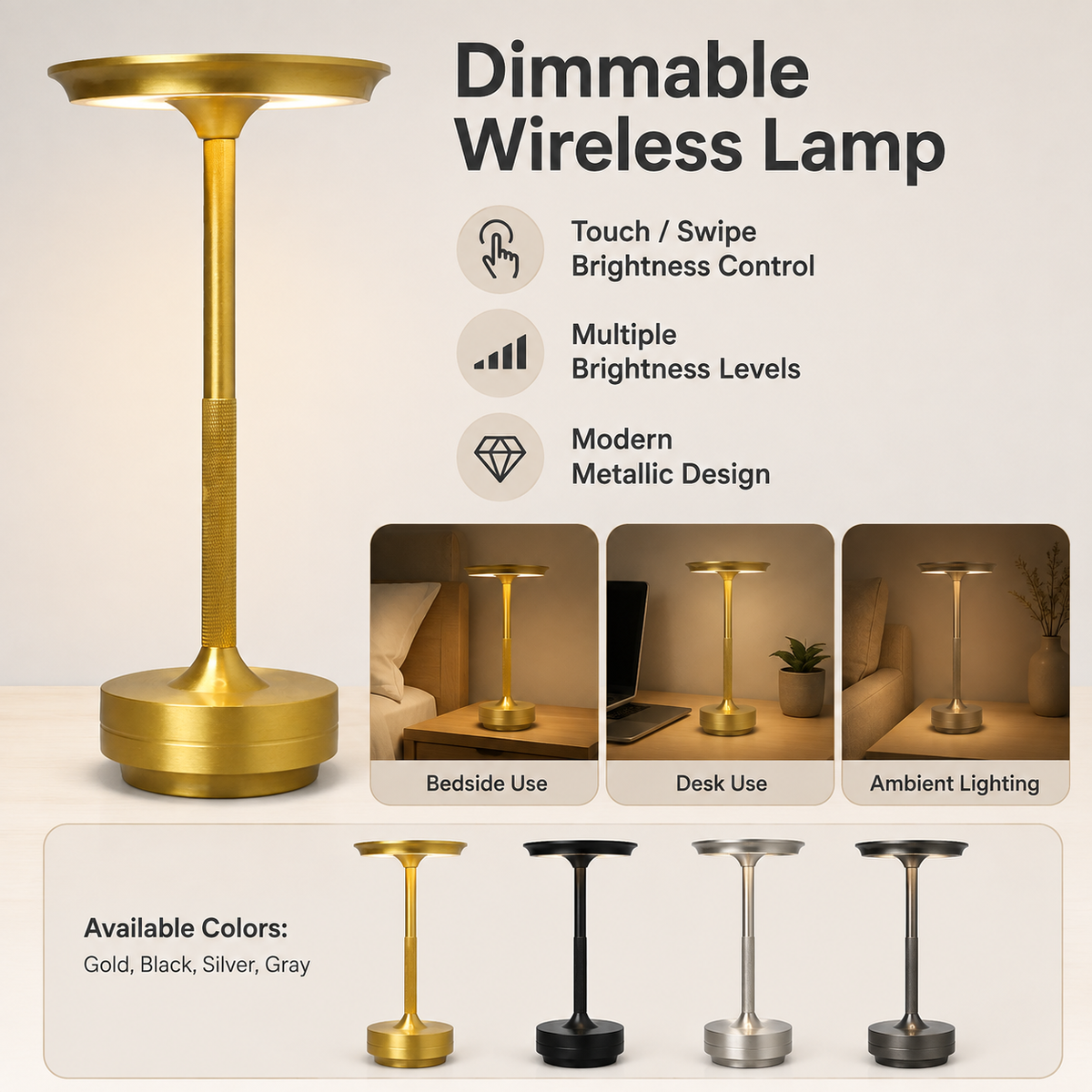 Dimmable Wireless Metallic Table Lamp with Touch Control