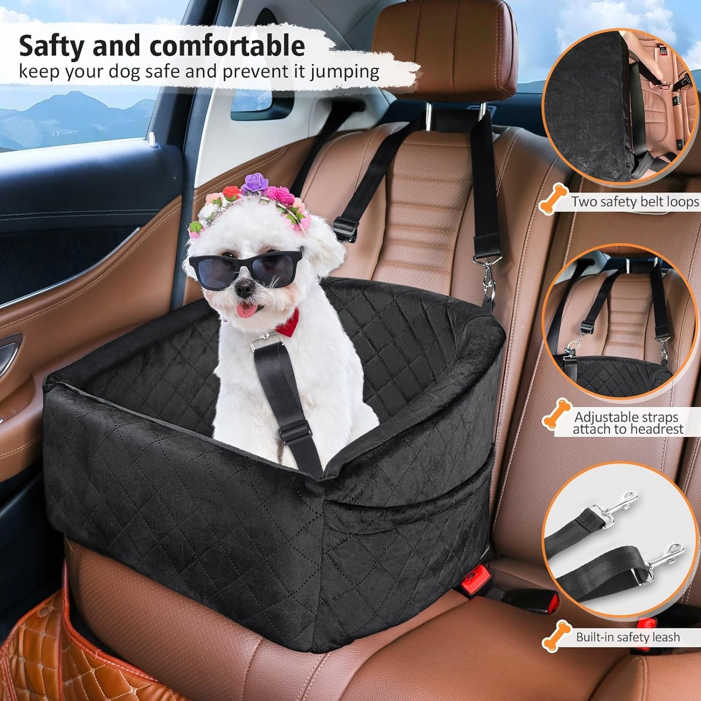 Dog Car Seat with Safety Belt and Storage Pockets for Small Dogs