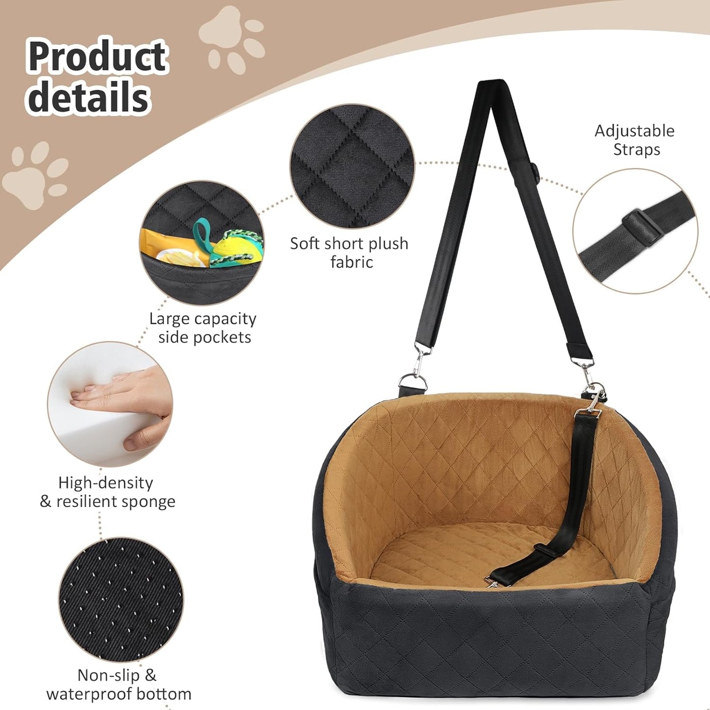Dog Car Seat with Safety Belt and Storage Pockets for Small Dogs