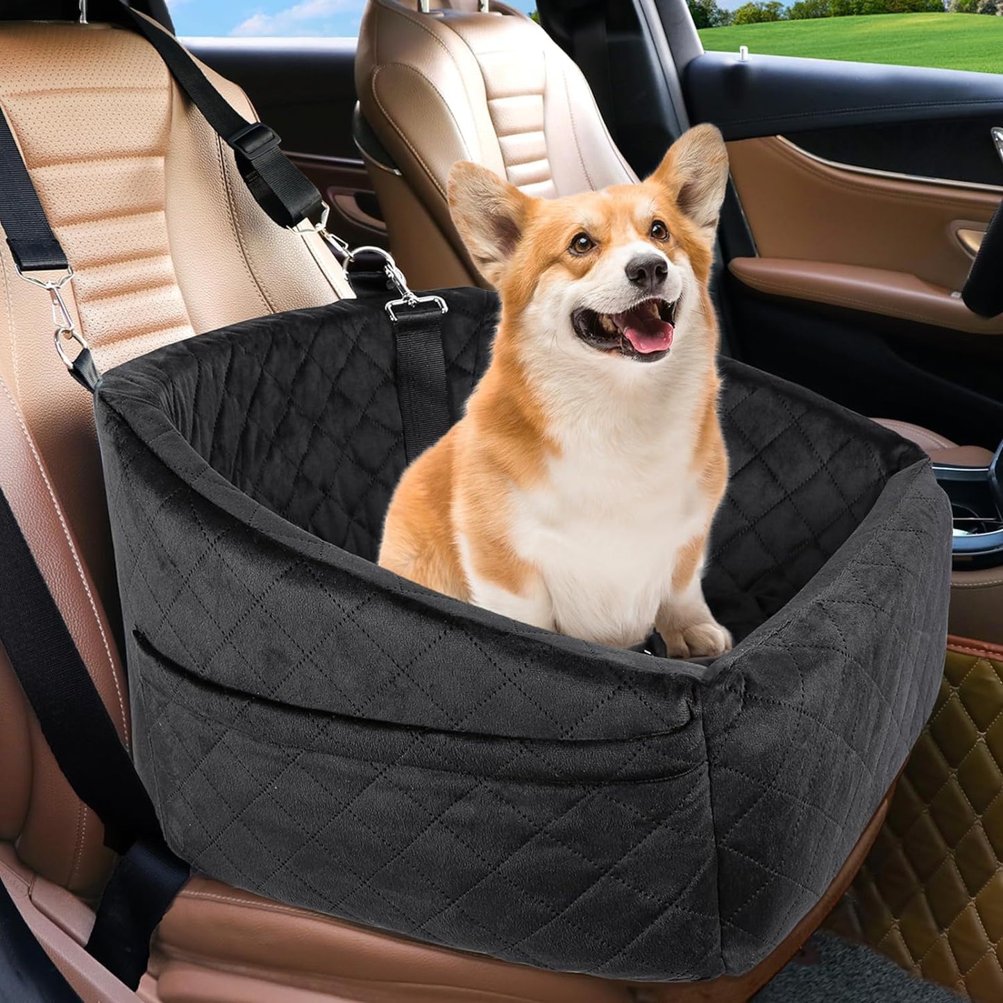 Dog Car Seat with Safety Belt and Storage Pockets for Small Dogs