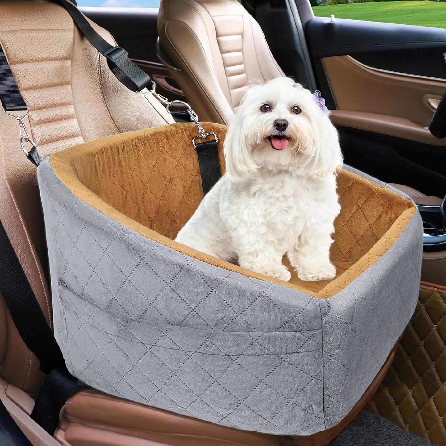 Dog Car Seat with Safety Belt and Storage Pockets for Small Dogs