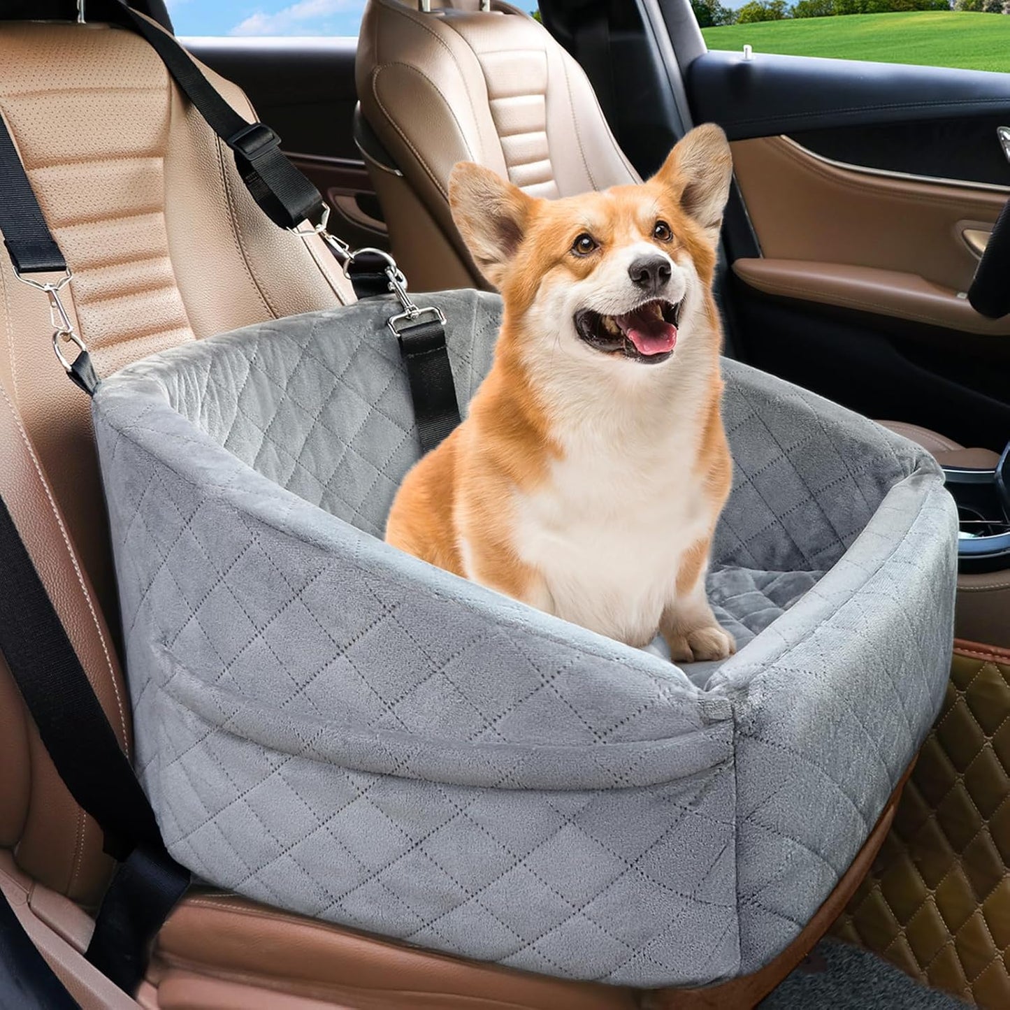 Dog Car Seat with Safety Belt and Storage Pockets for Small Dogs