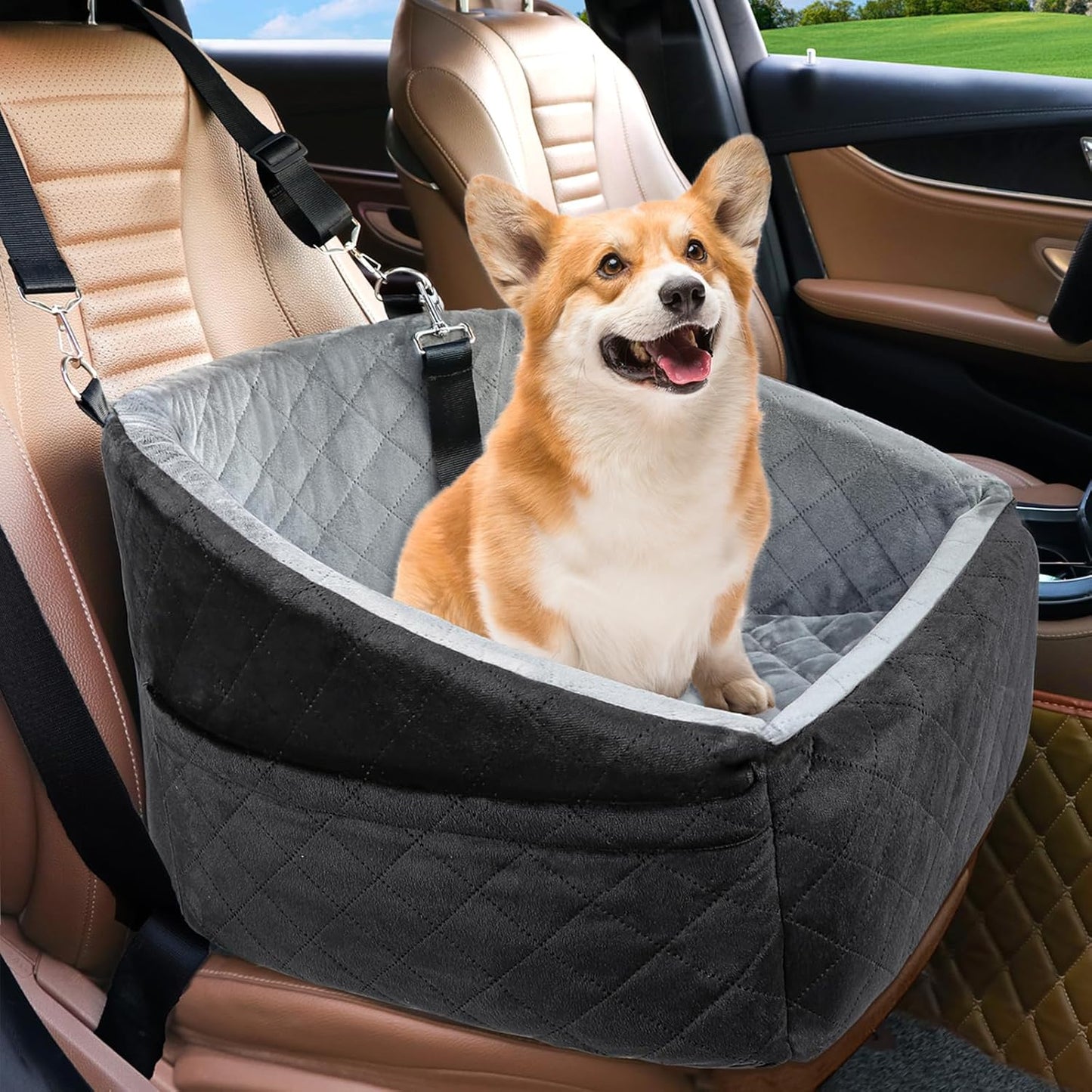 Dog Car Seat with Safety Belt and Storage Pockets for Small Dogs