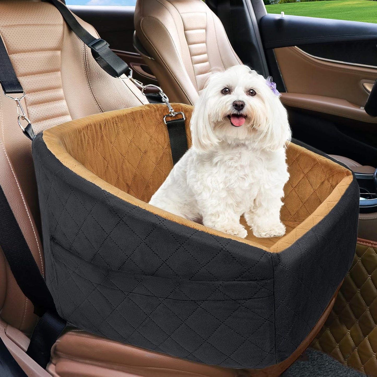 Dog Car Seat with Safety Belt and Storage Pockets for Small Dogs