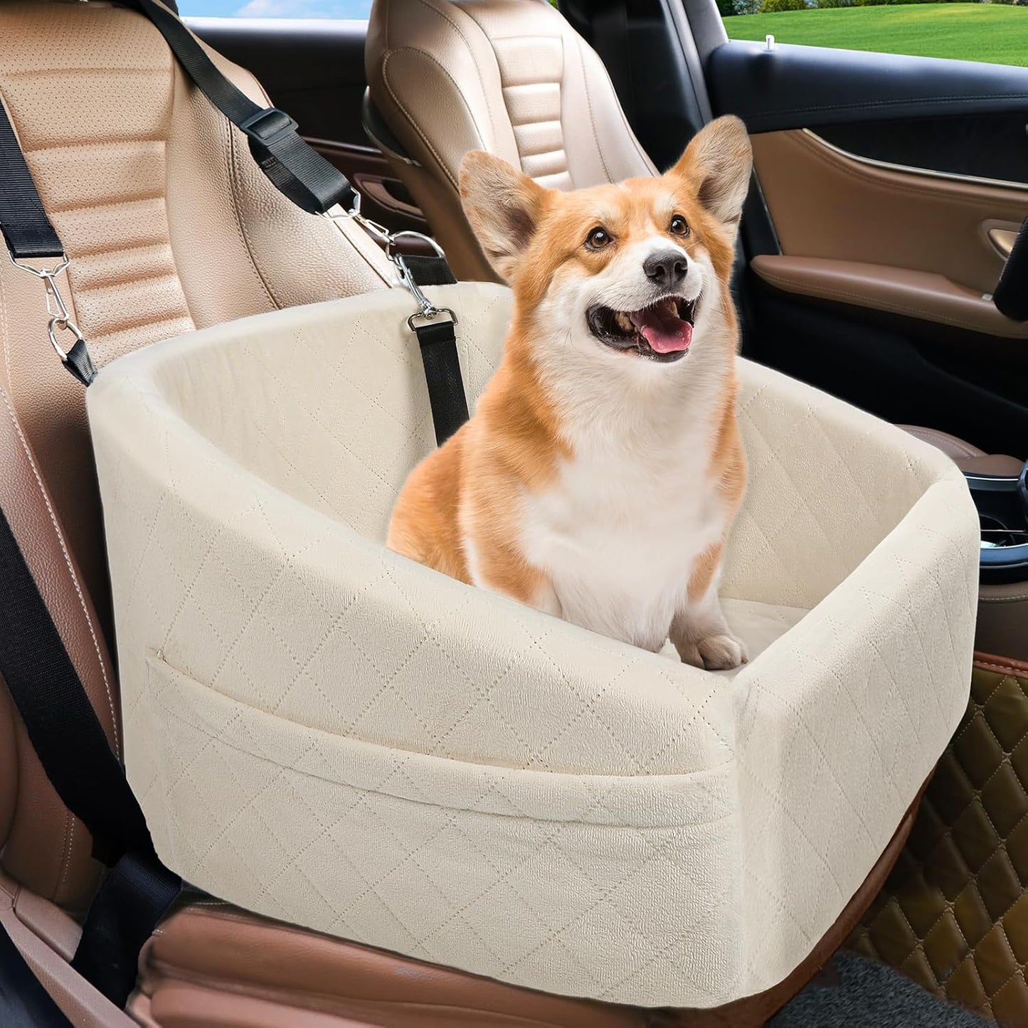 Dog Car Seat with Safety Belt and Storage Pockets for Small Dogs
