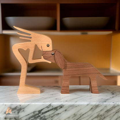 Dog Owner Wooden Sculpture Handmade Pet Bond Decor
